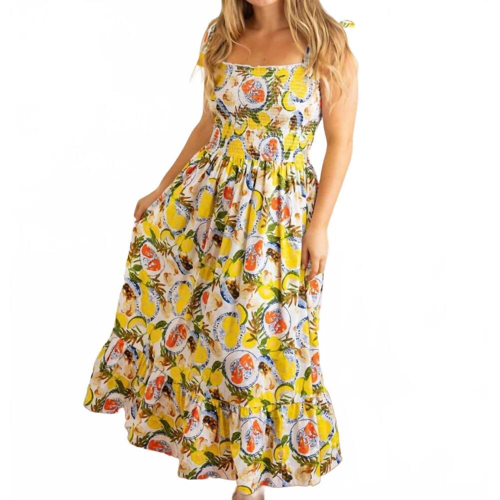 NEW 8 OAK LANE smocked tie top maxi dress in lemon santorini